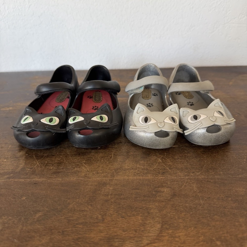 Mini Melissa Black‎ And Grey Cat Mary Jane Shoes Size 7 Baby Girls Toddler